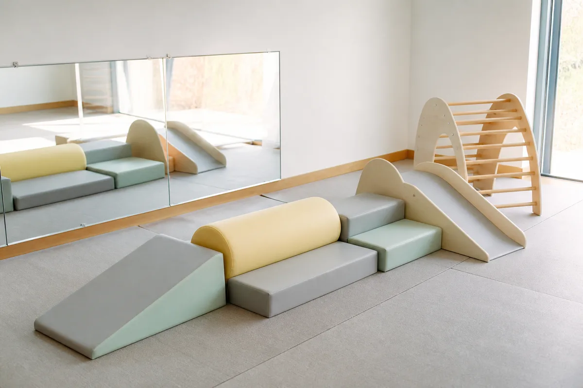 Salle de motricité avec modules en mousse, tapis ferme et miroir au sol dans une crèche