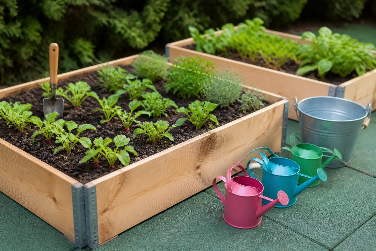 Bacs de plantation et petits arrosoirs installés dans le jardin d’une crèche