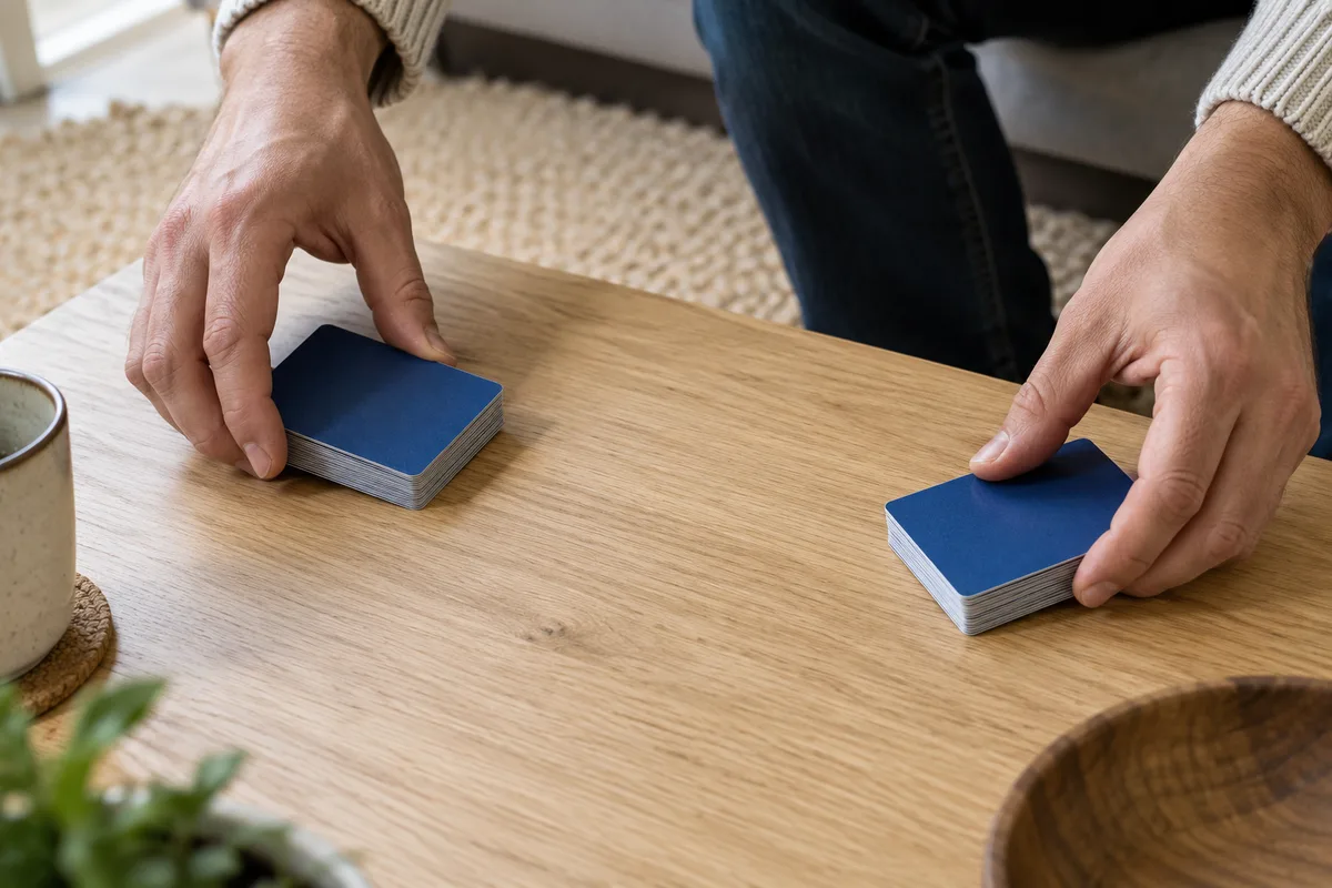 Mains d’un adulte posant deux petites piles de cartes à collectionner de part et d’autre d’une table basse