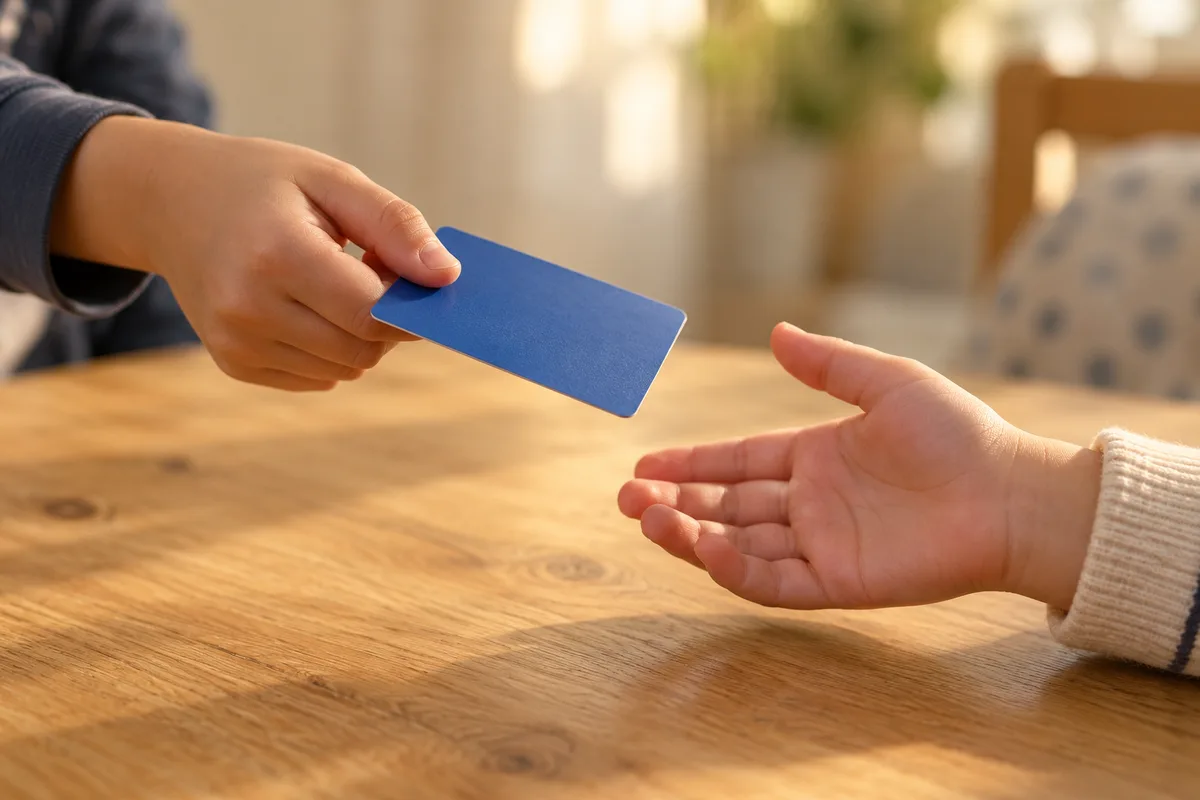 Main d’enfant qui tend une carte à collectionner, côté dos, vers la main ouverte d’un autre enfant