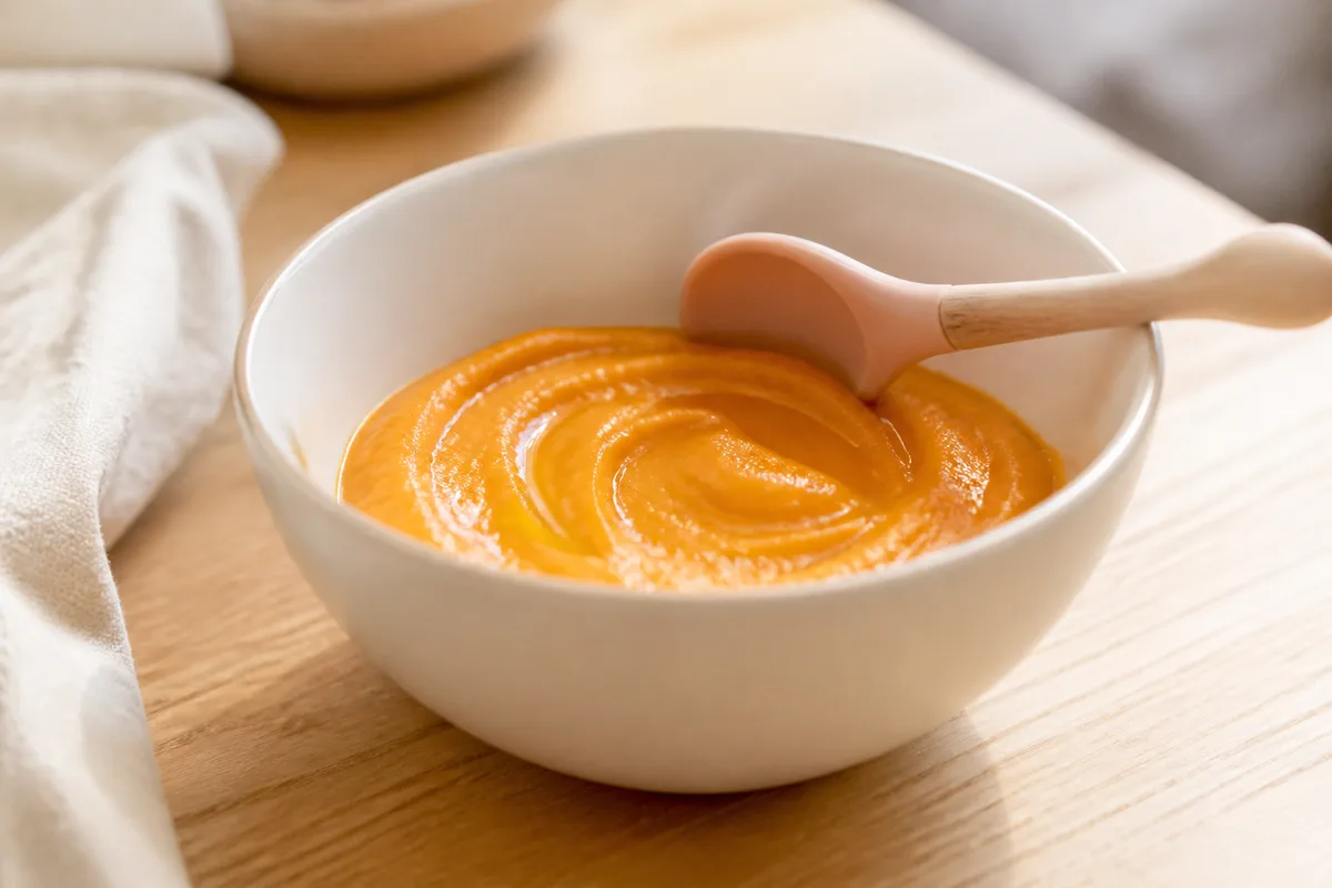 Bols de purée de légumes et petite cuillère posés sur une table en bois clair