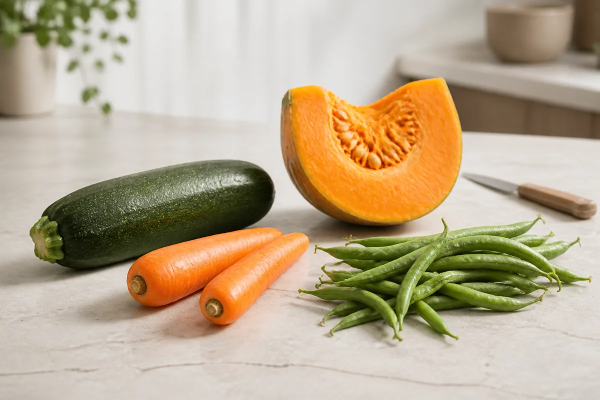 Légumes frais entiers, courgette carotte et potiron, sur un plan de travail lumineux