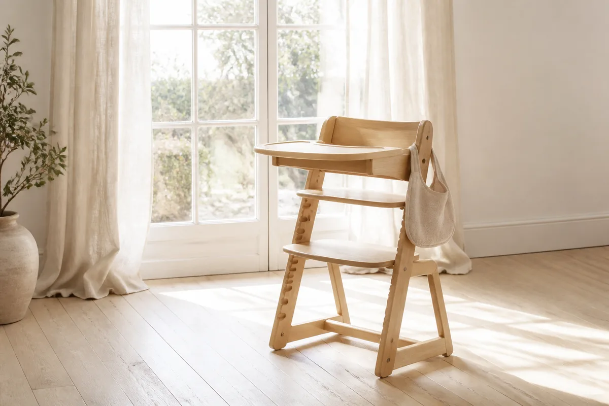 Chaise haute en bois vide devant une fenêtre, lumière naturelle du matin