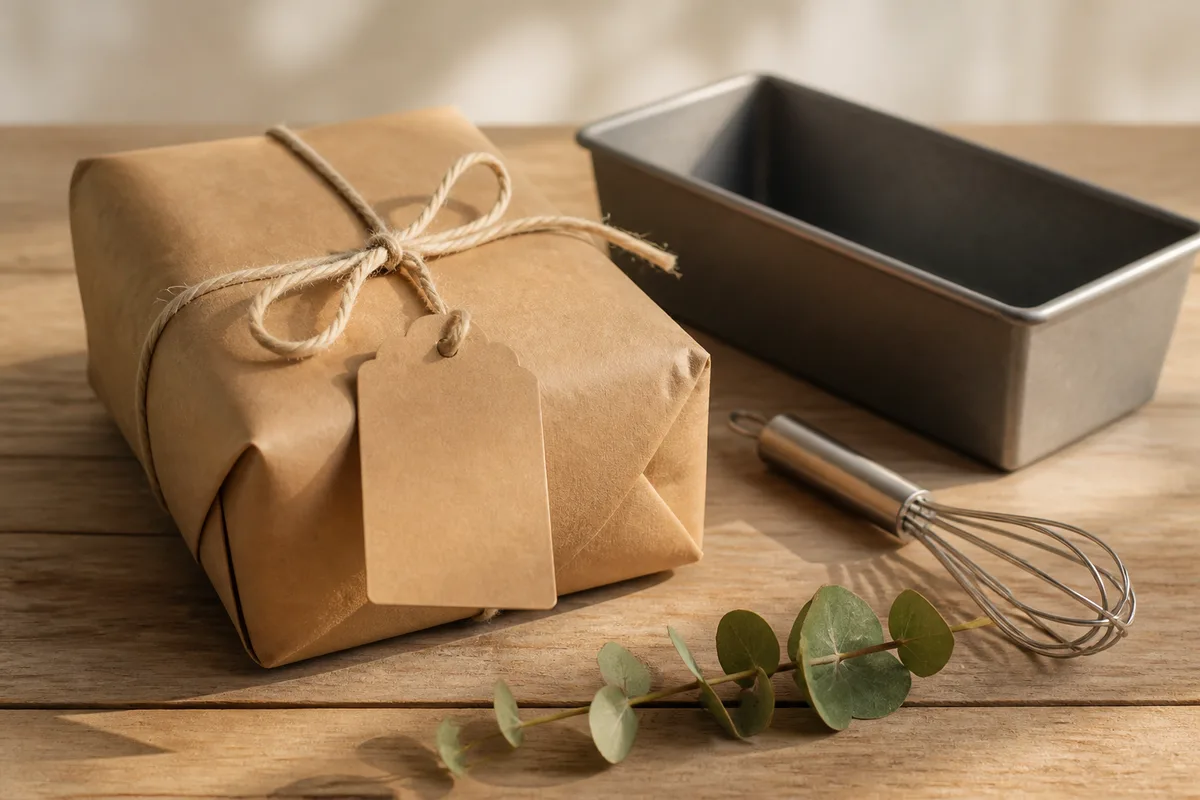 Paquet cadeau en papier kraft fermé par une ficelle de cuisine, posé près d’un fouet et d’un moule