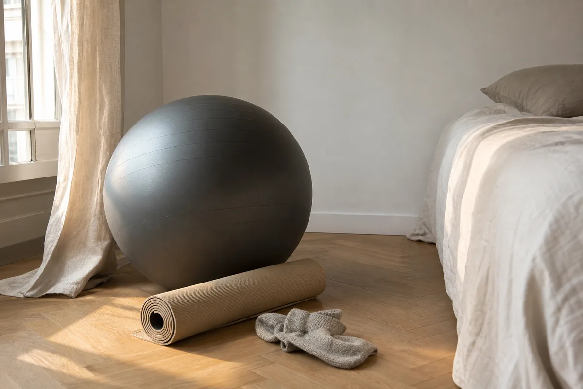 Ballon de gym uni posé près dune fenêtre dans une chambre claire
