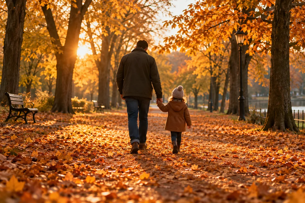 Parent et jeune enfant vus de dos, main dans la main dans une allée de parc en automne