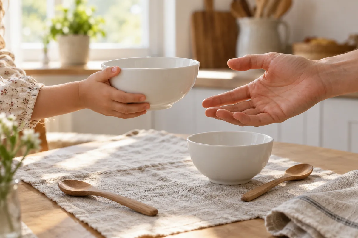 Petite main d’enfant qui tend un bol à un adulte sur une table de cuisine