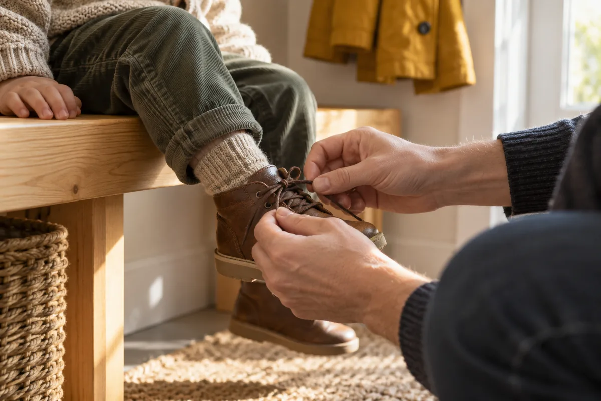 Mains d’un adulte qui lacent la chaussure d’un jeune enfant avant le départ du matin